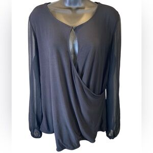 White House Black Market Black Drape Front Blouse with Sheer Sleeves Size L